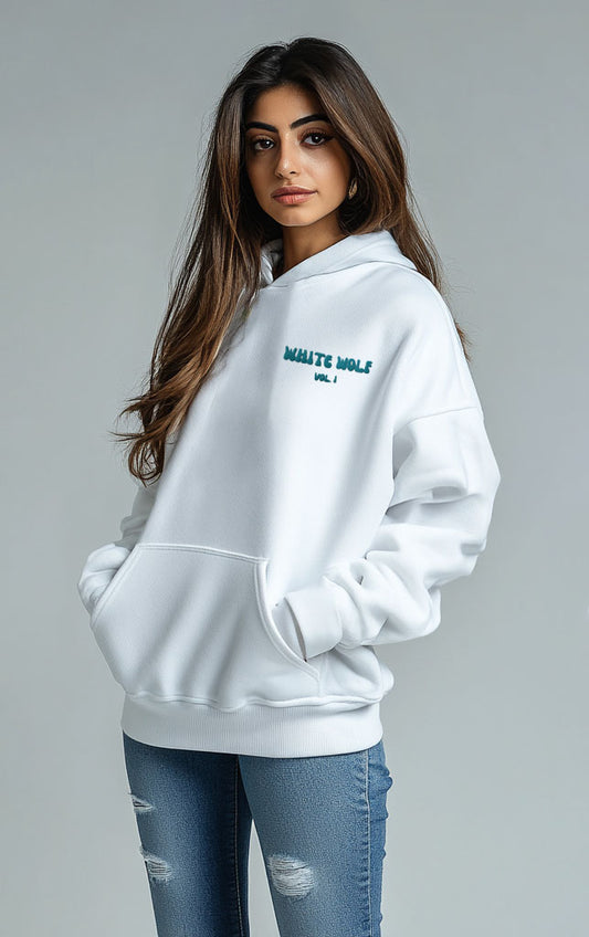 Unisex White Wolf Premium Fleece- Hoodie (White) Turquoise