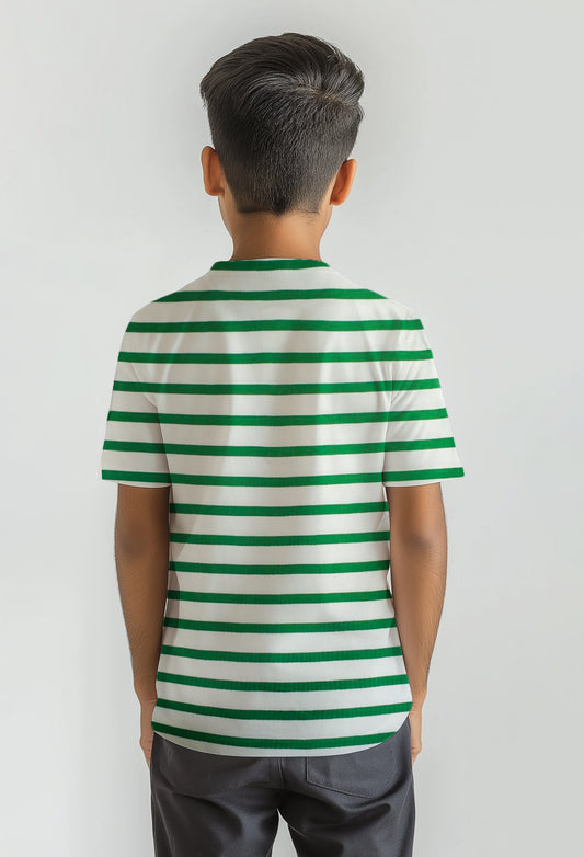 Cotton Unisex White Green Stripe T-Shirt - Half Sleeves