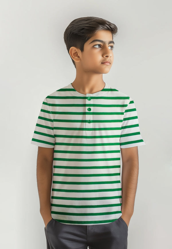 Boys Cotton White Green Stripe T-Shirt - Half Sleeves