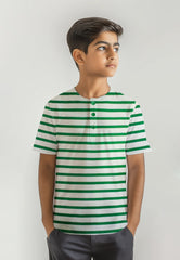 Cotton Unisex White Green Stripe T-Shirt - Half Sleeves