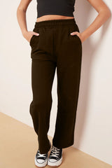 Wide Leg Fleece Trousers (Dark Brown)