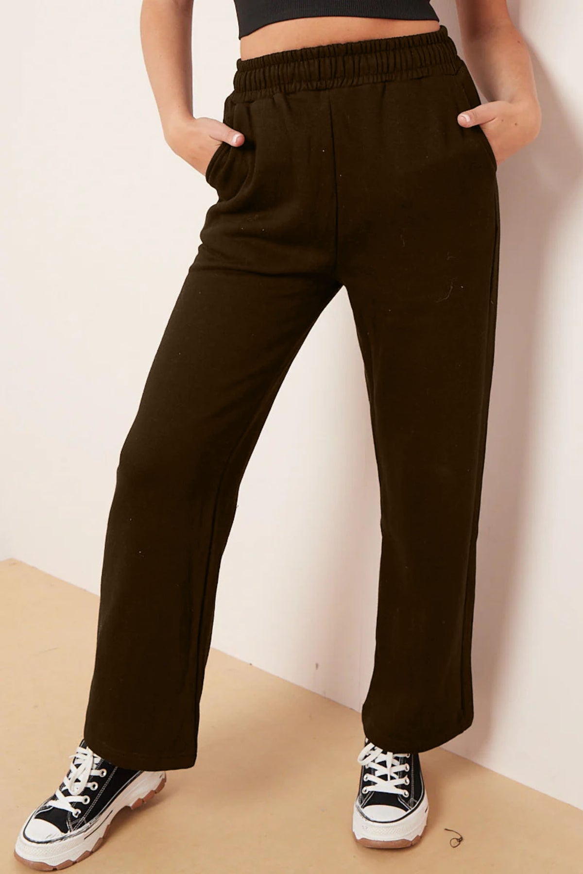 Wide Leg Fleece Trousers (Dark Brown)