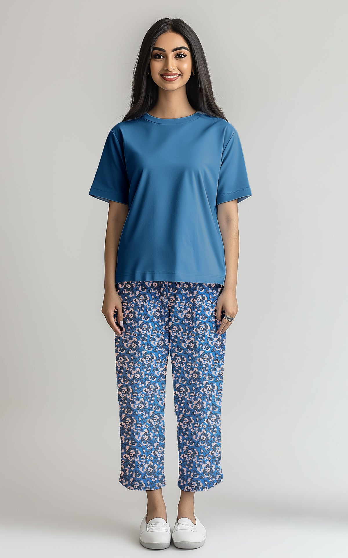 Women's Blue shirt and printed trouser (Stretchable)