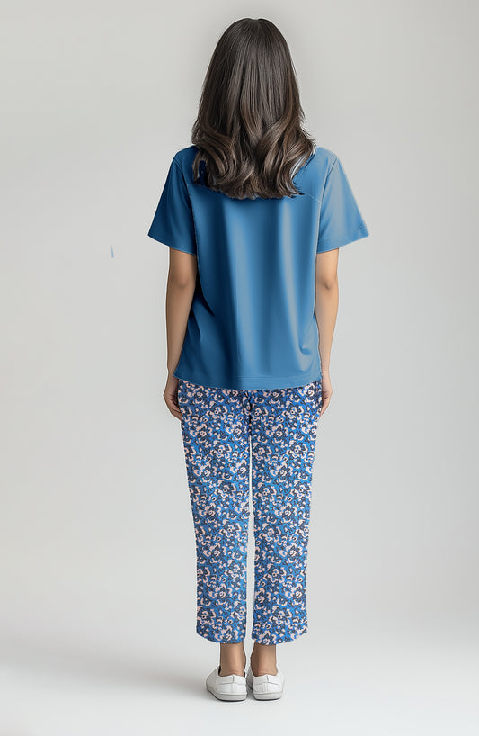 Women's Blue shirt and printed trouser (Stretchable)