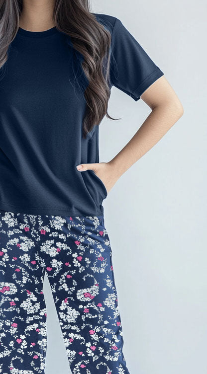 Women's printed suit short sleeve (Flowers) Navy