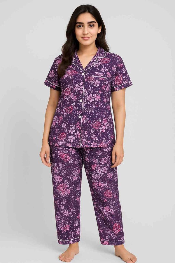 Women's printed shirt 👚and printed trouser same  ( premium Buttoned Night Suit )