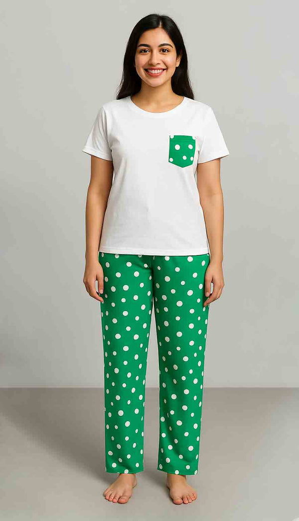 Women's T-Shirt and printed  trouser (Green polka dot)
