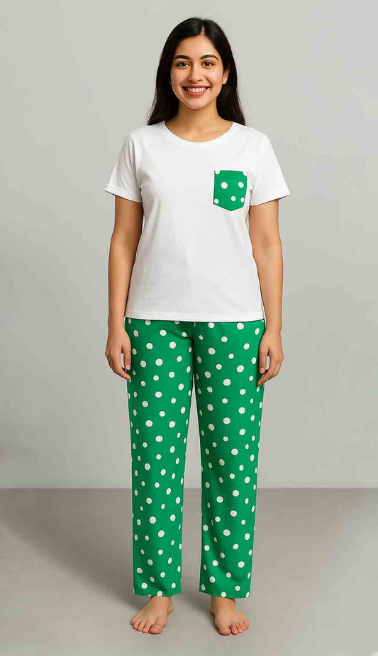 Women's T-Shirt and printed  trouser (Green polka dot)