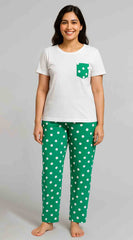 Women's T-Shirt and printed  trouser (Green polka dot)