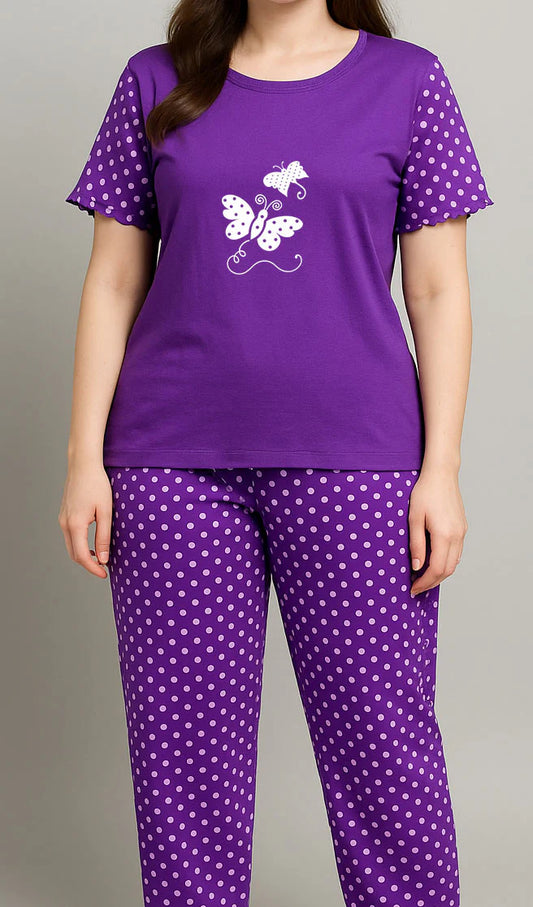 Women T-Shirt and printed trouser (  Butterfly Purple Polka Dot)