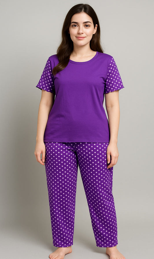 Women T-Shirt and printed  trouser (Purple Polka Dot)