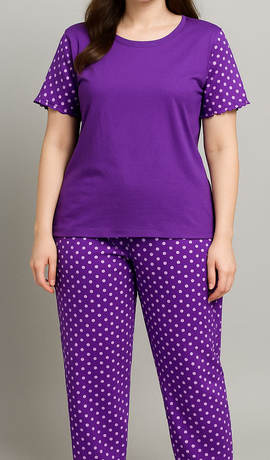 Women T-Shirt and printed  trouser (Purple Polka Dot)