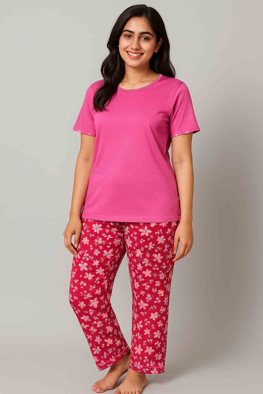 Women's T-Shirt and printed  trouser (Red Flower)