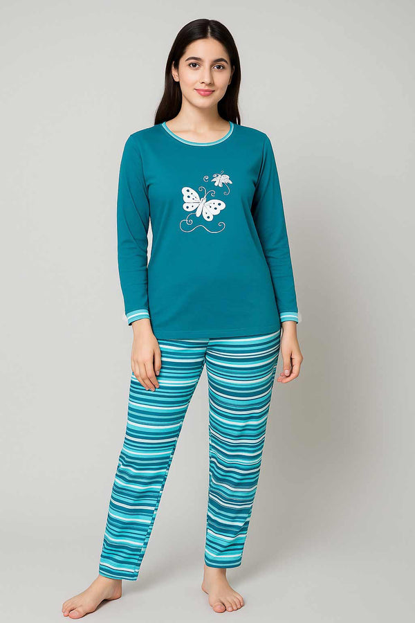 Trendy Women’s Night Suit – Butterfly Design Top with Blue Striped Pajamas