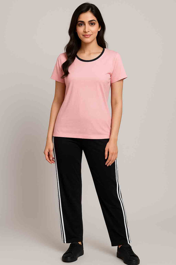 Women's Pink T-Shirt and black with white stripe trouser