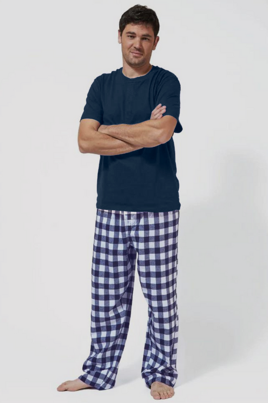 Men's Lounge T-shirt and Check Pajama Set Blue (Stretchable)